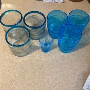Assorted Aqua Blue Bar ware. 3 Mexican blown 3.5 glasses. 3 IKEA Skoja beehive
